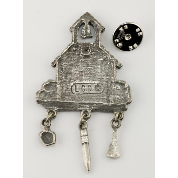 Old Fashioned One Room Schoolhouse LCD Pewter Lapel Pin Apple Pencil Bell - Picture 3 of 3